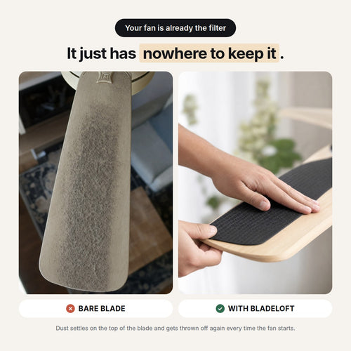 A bare dusty fan blade next to a blade with a Bladeloft pad fitted.
