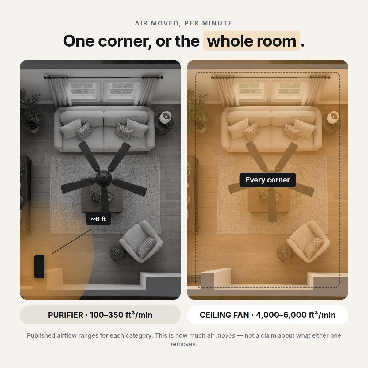 A room purifier covers one corner. A ceiling fan moves air through the whole room.