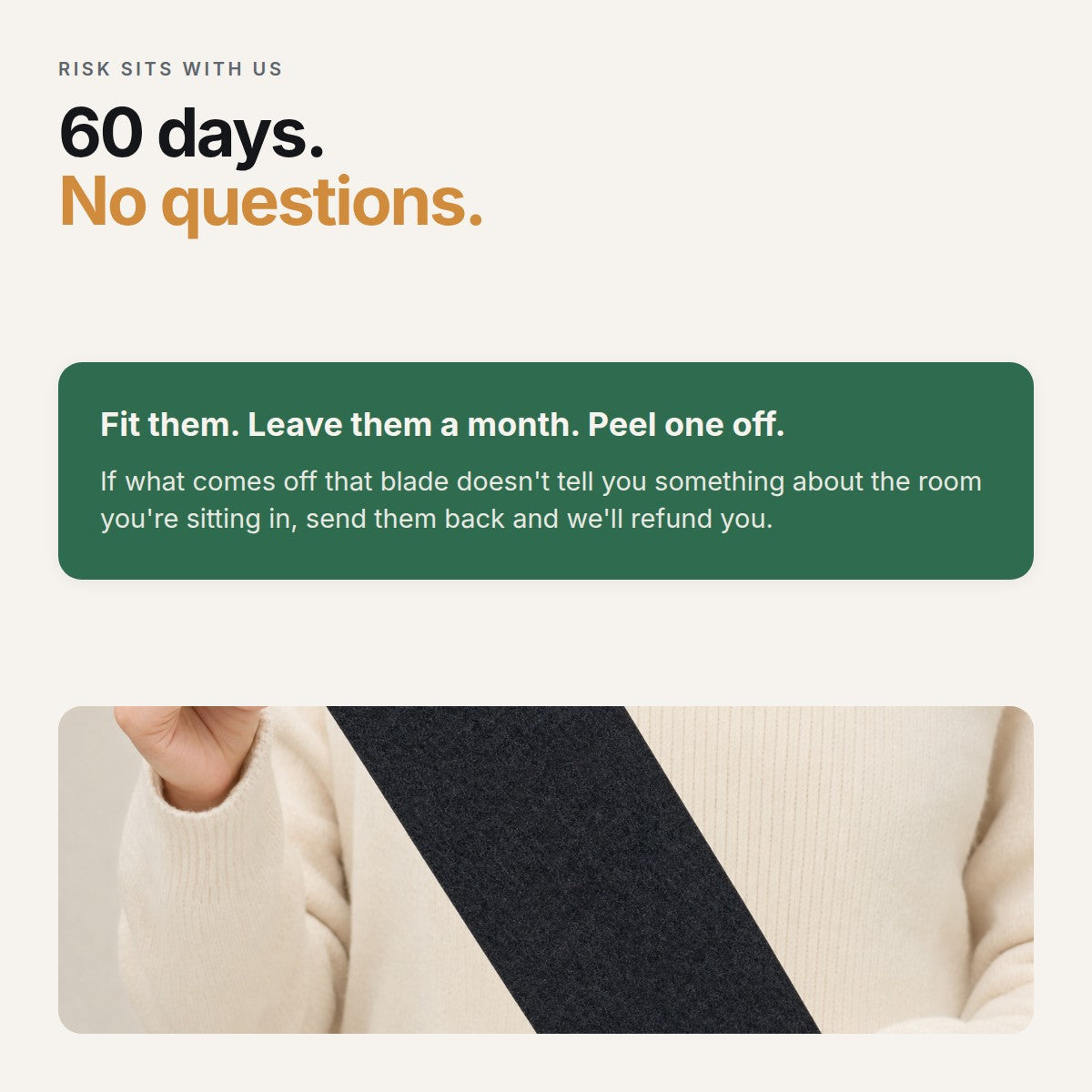 60 day money back guarantee. Fit them, leave them a month, peel one off.